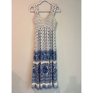 Angie Blue White Floral Block Print Smocked Tiered Maxi Dress Small Boho Lace